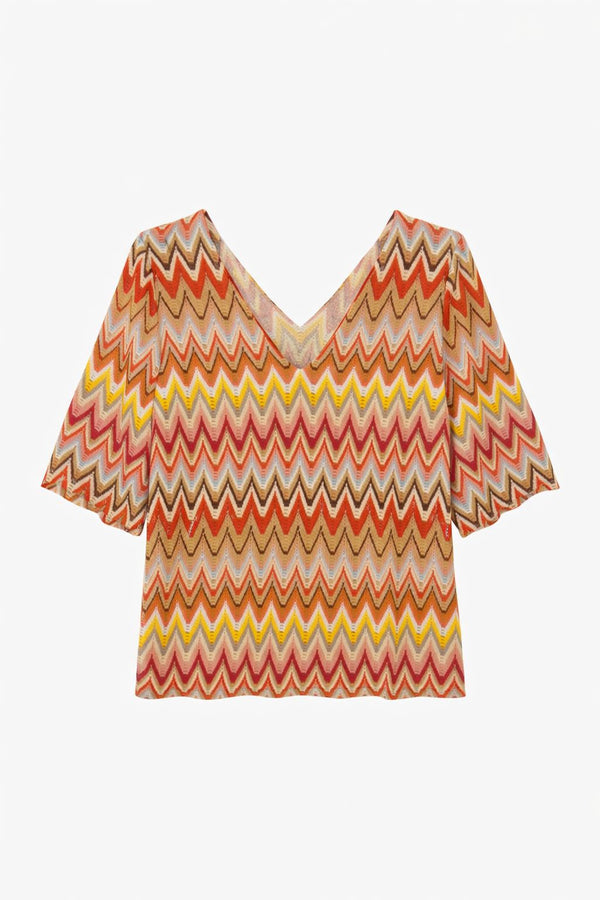 TOP IN MAGLIA TRAFORATA CON SCOLLO A V