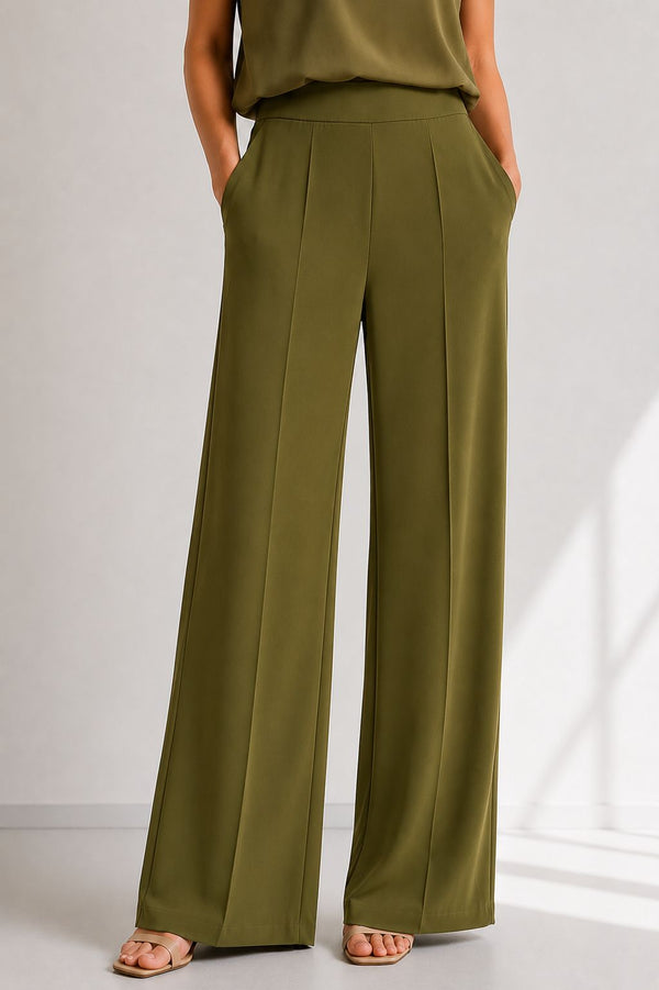 BLUSA COLLO ALTO A MANICHE CORTE IN CADY & PANTALONE A PALAZZO CON ELASTICO IN VITA IN CADY