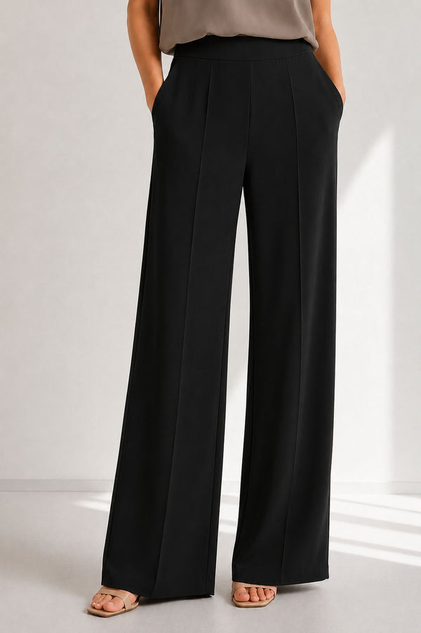 BLUSA COLLO ALTO A MANICHE CORTE IN CADY & PANTALONE A PALAZZO CON ELASTICO IN VITA IN CADY