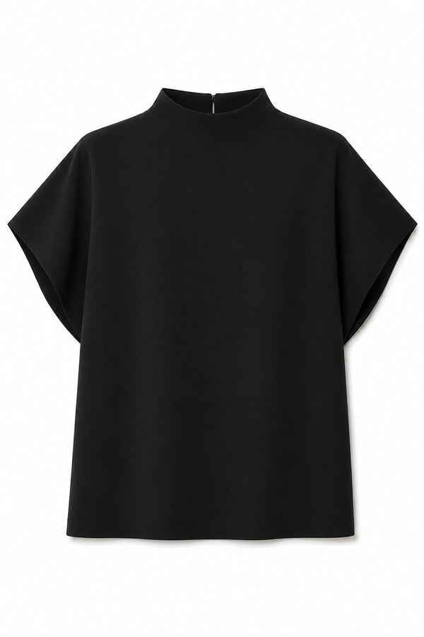 BLUSA COLLO ALTO A MANICHE CORTE IN CADY & PANTALONE A PALAZZO CON ELASTICO IN VITA IN CADY